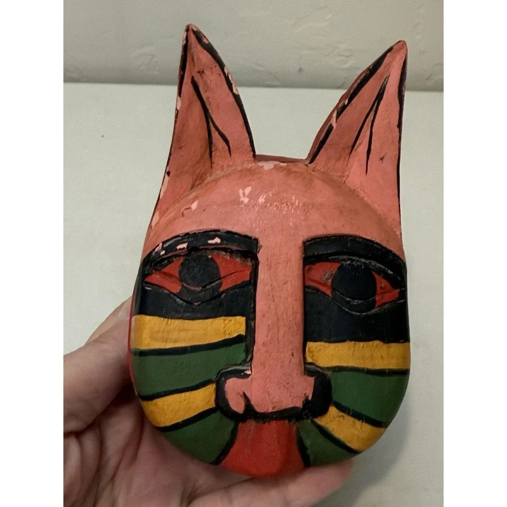 Vintage‎ Folk Art Cat Hand Carved Wood Trinket Box Multicolor Kitty